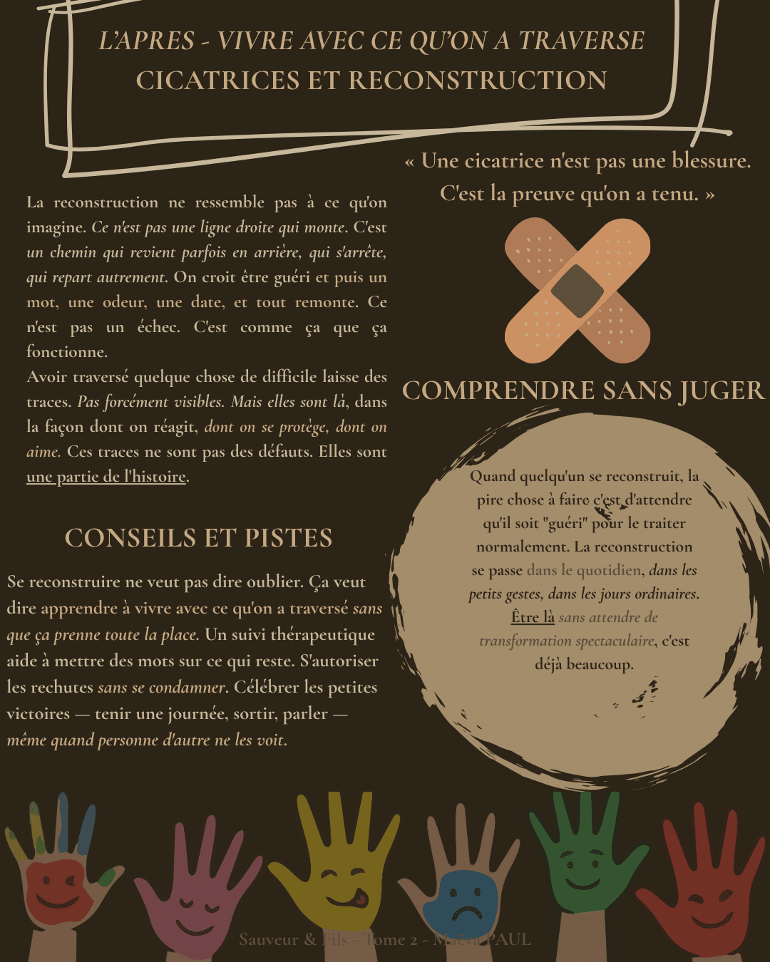 Fiche émotion Cicatrices et reconstruction — vivre avec ce qu'on a traversé — Sauveur et Fils Tome 2, Marie-Aude Murail — Maëva Paul