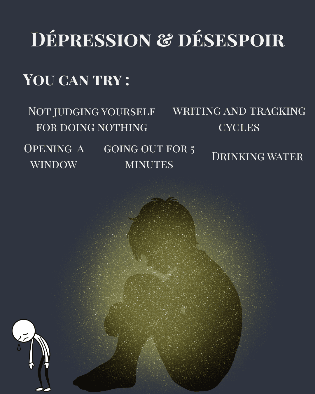 Illustration de la dépression et des moments de désespoir — silhouette dans un environnement sombre traversé par une lueur d'espoir — revue ALT Samuel Dock Maëva Paul