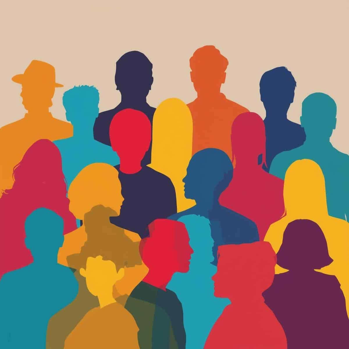 Illustration du poids de la différence — silhouettes colorées dans un groupe neutre — singularité et isolement — CPU Maxime Baul — Maëva Paul