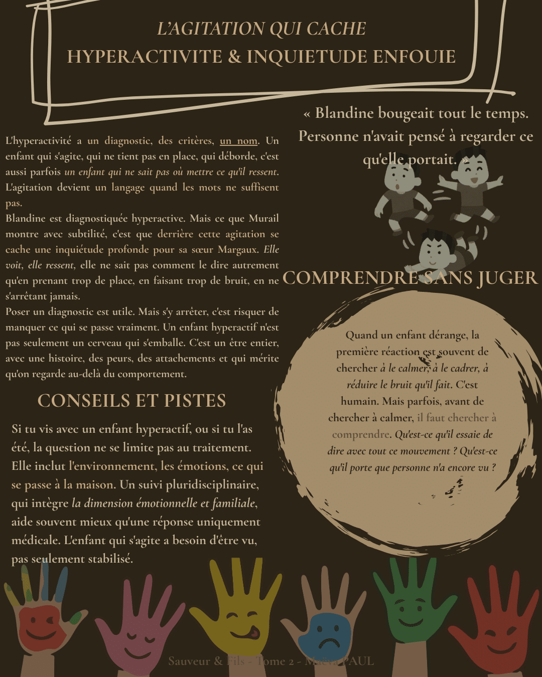 Fiche émotion L'agitation qui cache — hyperactivité et inquiétude enfouie — Sauveur et Fils Tome 2, Marie-Aude Murail — Maëva Paul