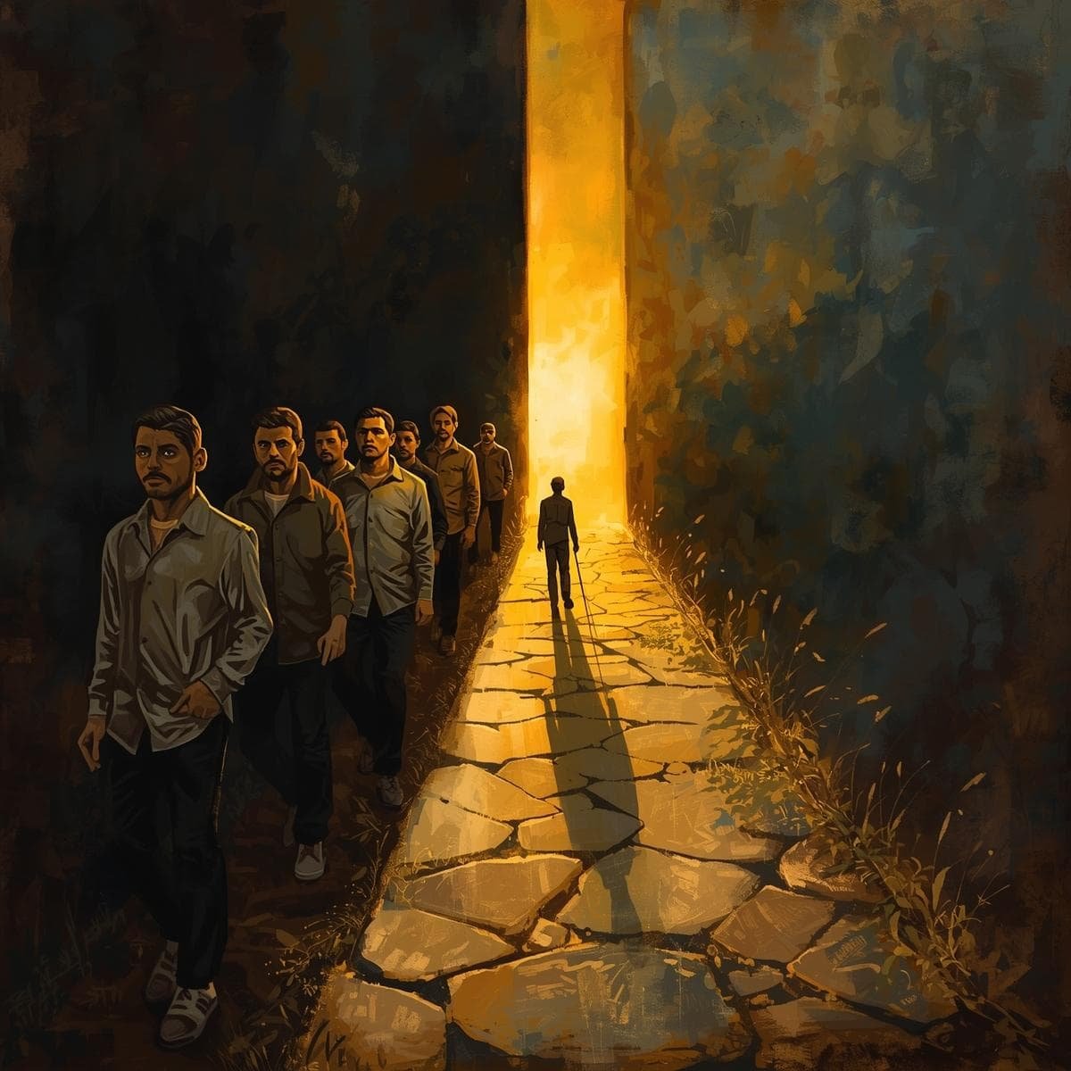 Illustration du conformisme social — deux chemins un sombre un clair, une personne hésitant — CPU Maxime Baul — Maëva Paul