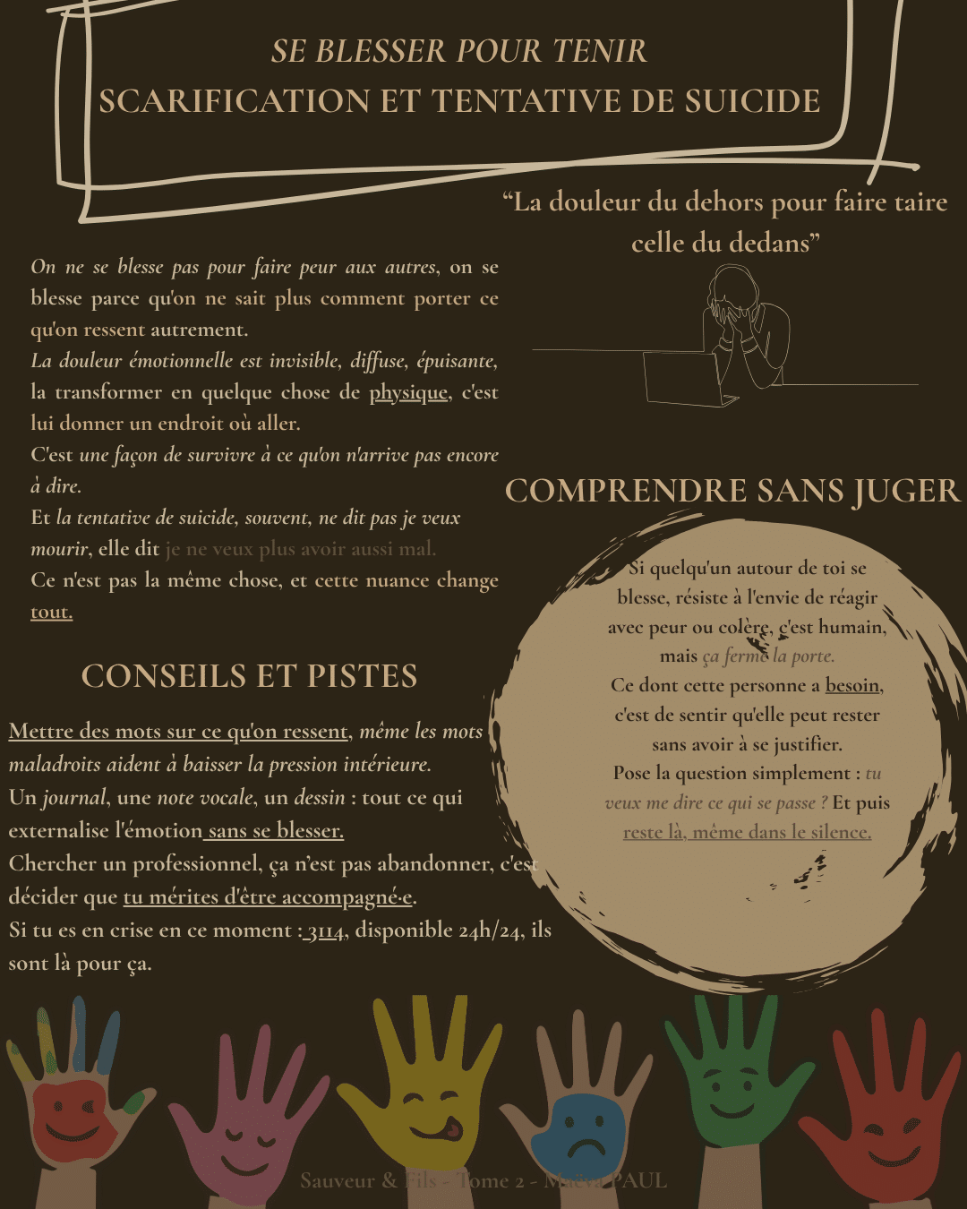 Fiche émotion Se blesser pour tenir — scarification et tentative de suicide — Sauveur et Fils Tome 2, Marie-Aude Murail — Maëva Paul