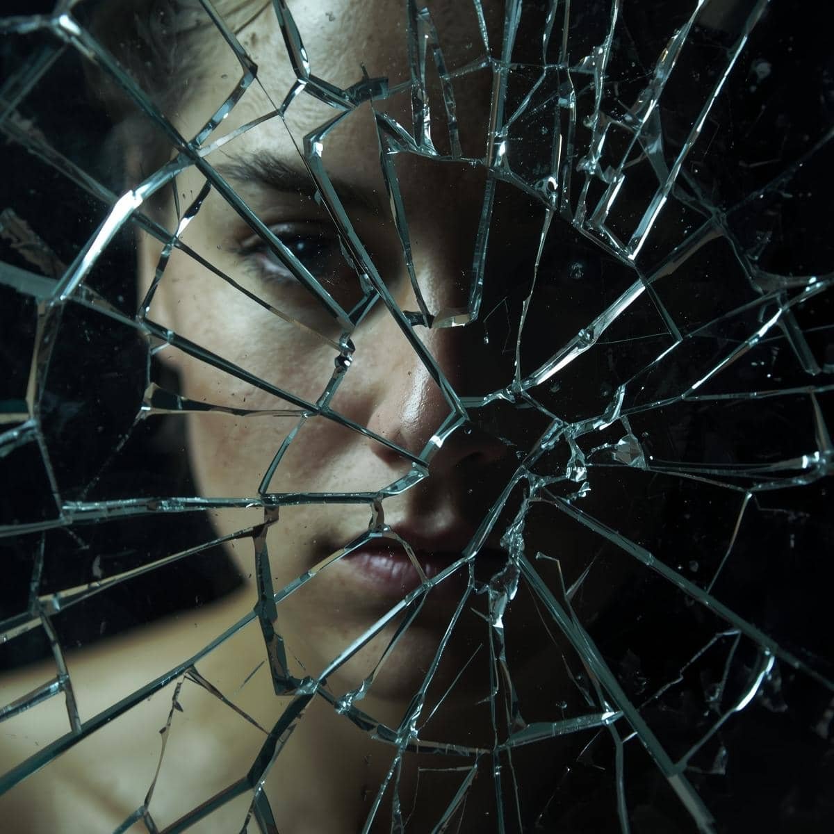 Illustration du rapport à la vérité — miroir fissuré reflétant un visage — CPU Maxime Baul — Maëva Paul