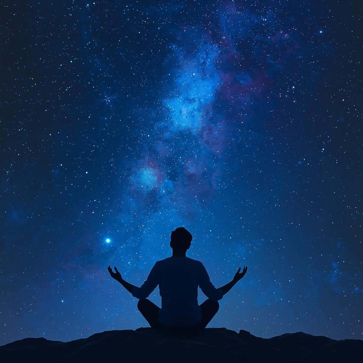 Illustration de l'abandon à la foi — silhouette assise face à un ciel étoilé, mains ouvertes — CPU Maxime Baul — Maëva Paul