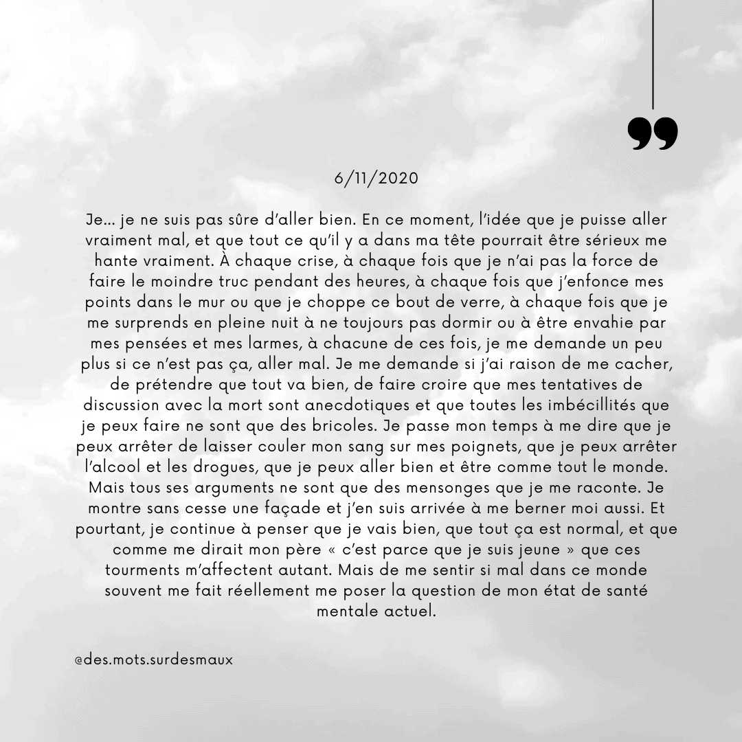 Extrait du livre Les Pensées Derrière la Chute de Maëva Paul — réponse manuscrite à la question comment je vais, écrite en 2020