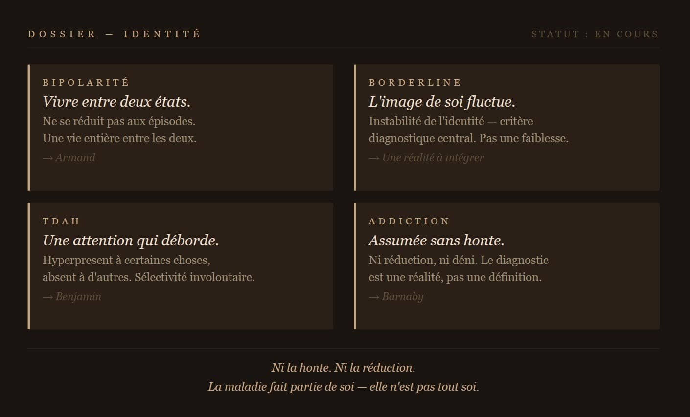 Dossier fictif — bipolarité, borderline, TDAH, addiction comme composantes de l'identité — ALT Identité de Vanessa Springora — Maëva Paul