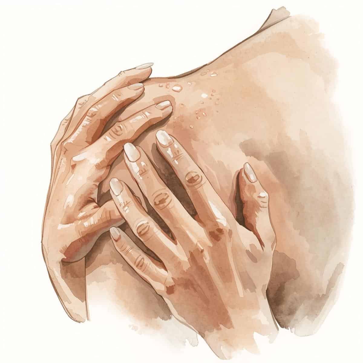 Illustration du rapport au corps — mains touchant le corps avec conscience — CPU Maxime Baul — Maëva Paul