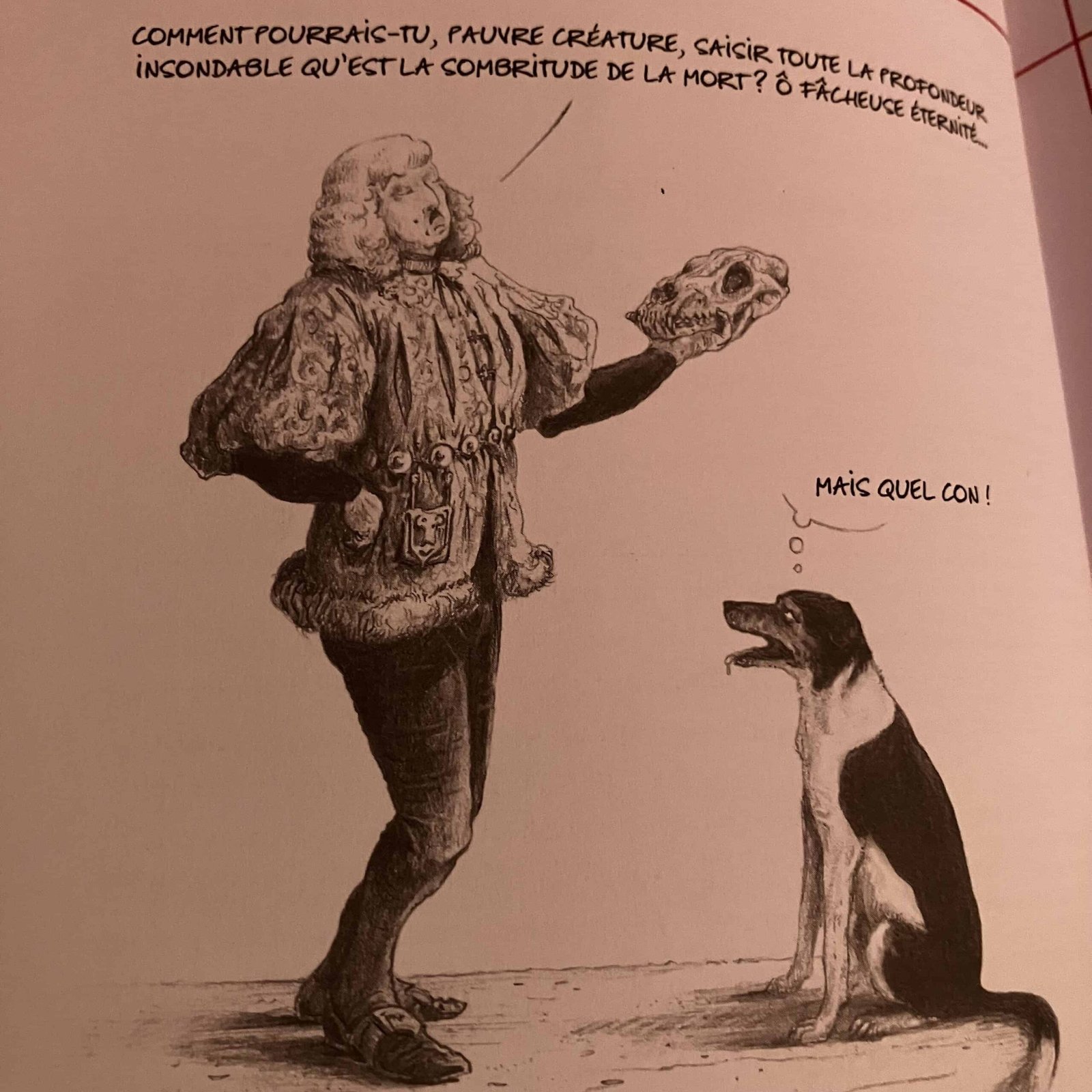 Illustration humoristique d'Arnaud Rafaelian — homme avec tête de reptile conversant avec un chien — Les oiseaux se cachent-ils pour mourir ? — Maëva Paul