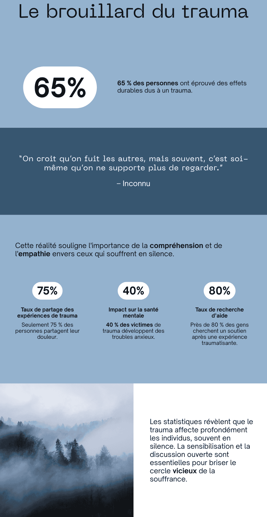 Infographie Le brouillard du trauma — statistiques et conséquences du traumatisme psychologique — La Disparue de la Cabine 10 — Maëva Paul