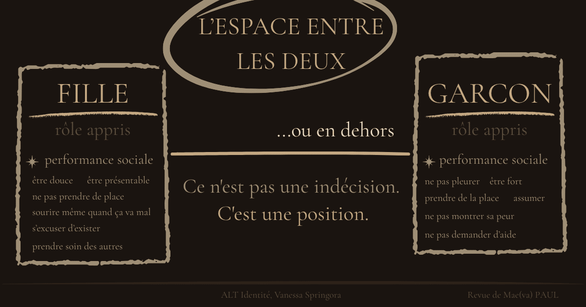 Schéma visuel identité de genre et fluidité — role fille/garçon - l'espace entre les deux — en lien avec le livre ALT Identité de Vanessa Springora — Maëva Paul