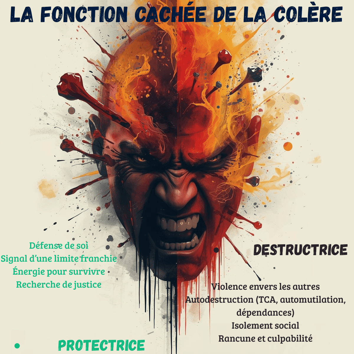Infographie — La fonction cachée de la colère — visage en colère avec éclats — analyse Remember Me — Maëva Paul