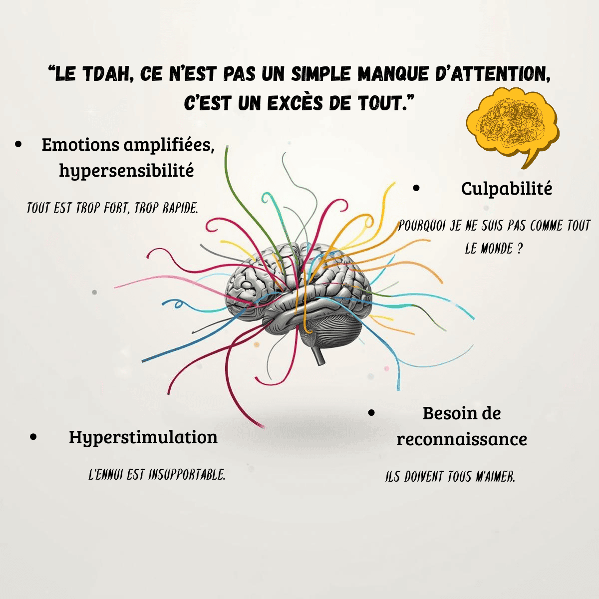 Infographie — Le TDAH ce n'est pas un simple manque d'attention, c'est un excès de tout : émotions, stimulations, culpabilité — Maëva Paul