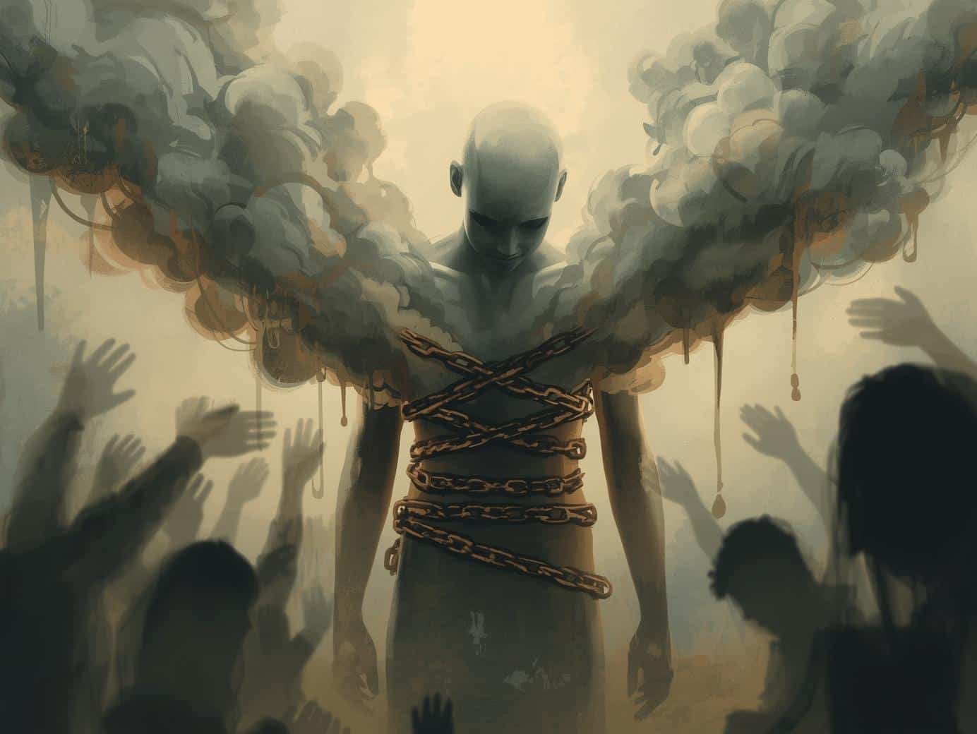 Silhouette sombre enchaînée représentant culpabilité, honte et anxiété liées au corps — Thirteen — Maëva Paul