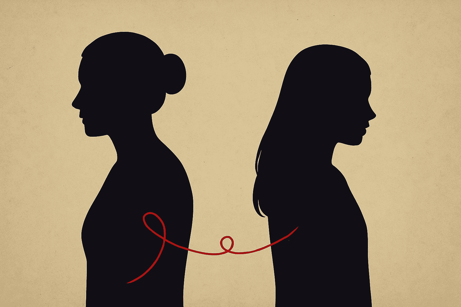 Silhouettes de deux femmes reliées par un fil rouge symbolisant la relation mère-fille dans Thirteen — amour et douleur — Maëva Paul