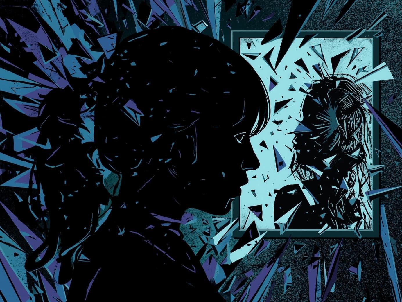 Silhouette d'adolescente avec fragments colorés représentant regards et jugements — rapport au corps — Thirteen — Maëva Paul