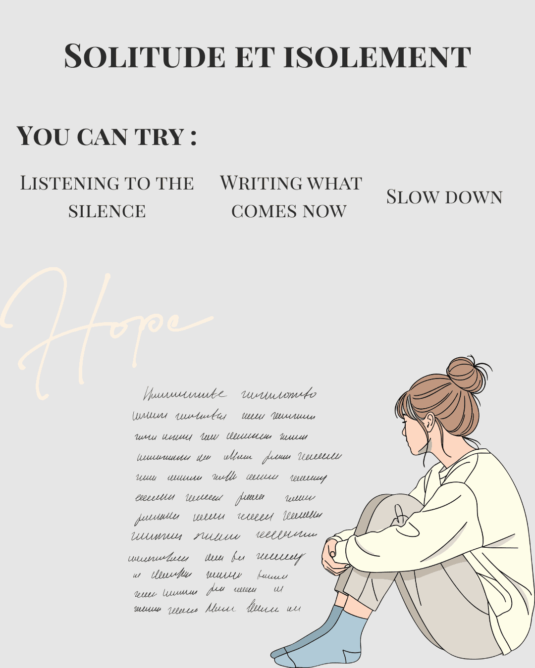 Illustration de la solitude et de l'isolement — silhouette seule dans un espace calme avec fragments de pensées évoquant introspection et présence à soi — revue ALT Samuel Dock Maëva Paul