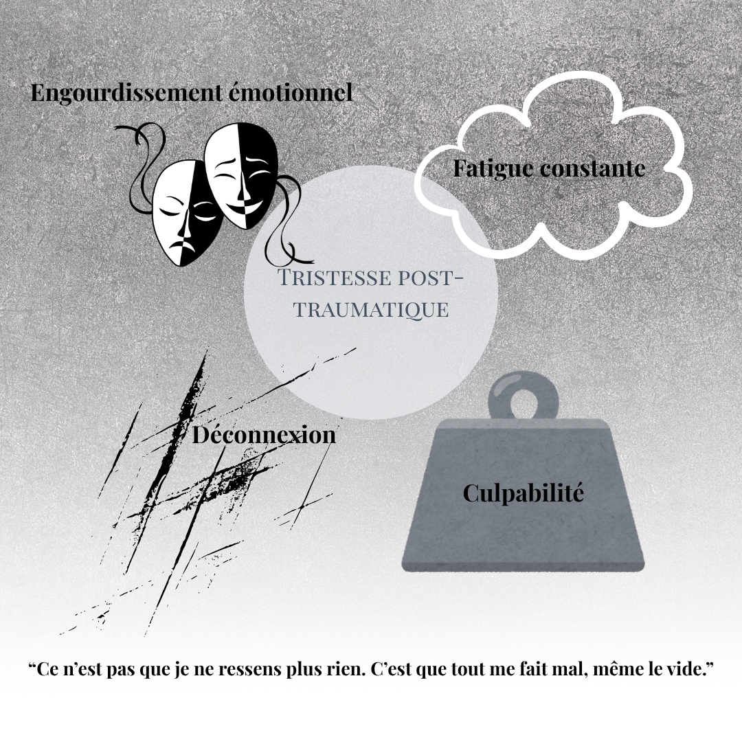 Illustration de la tristesse post-traumatique — fatigue mentale, déconnexion et culpabilité émotionnelle — La Disparue de la Cabine 10 — Maëva Paul