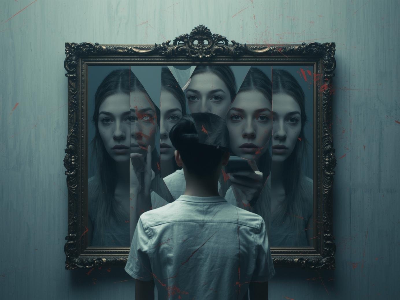 Adolescent devant un miroir fragmenté en plusieurs visages — identité fragmentée — analyse Thirteen — Maëva Paul