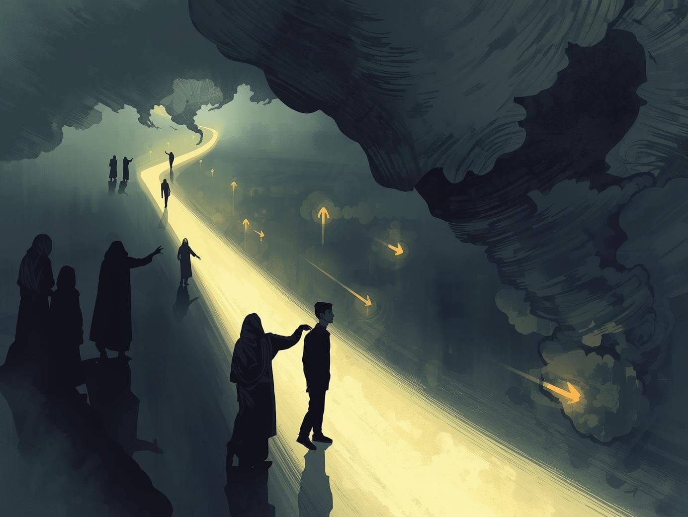 Chemin lumineux avec silhouettes aidant un adolescent — prévention et accompagnement — Thirteen — Maëva Paul