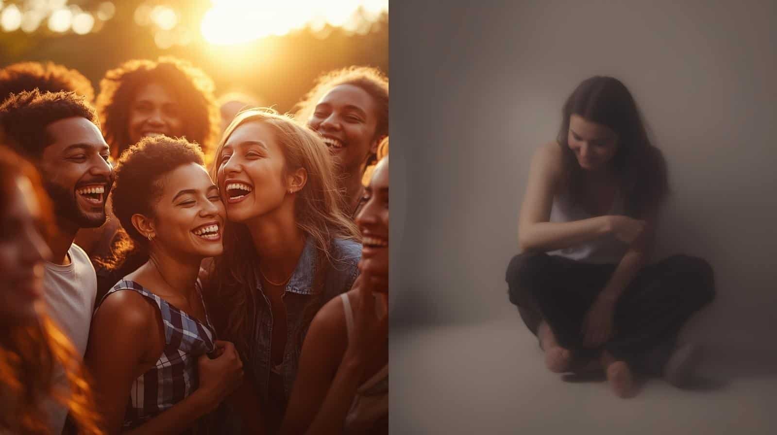 Diptyque — à gauche un groupe qui rit, à droite une personne seule en retrait — dualité entre fête et solitude — reportage Boire France TV — Maëva Paul