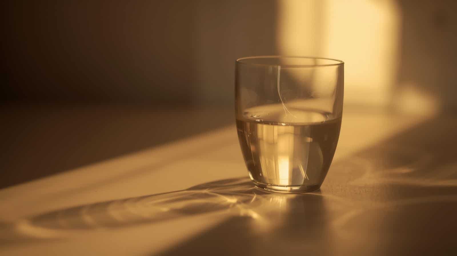 Verre à moitié vide avec reflets dorés et ombres douces — évoque la paix et le lâcher-prise — reportage Boire France TV — Maëva Paul