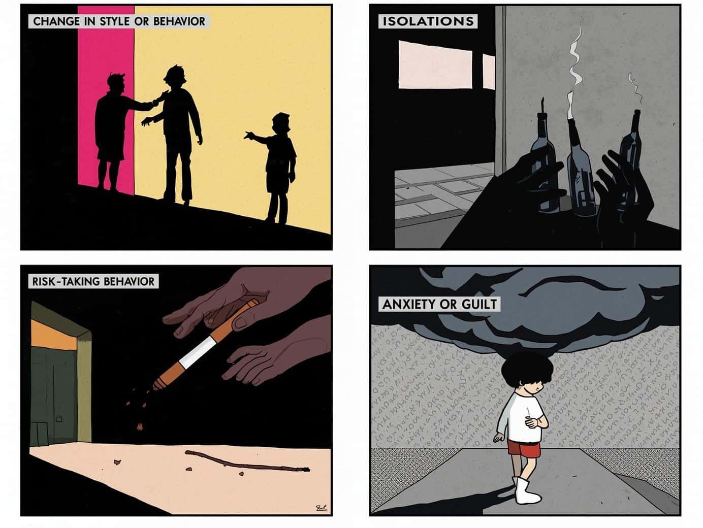 Pictogrammes illustrant les signes d'influence nocive — changement de comportement, isolement, anxiété — Thirteen — Maëva Paul