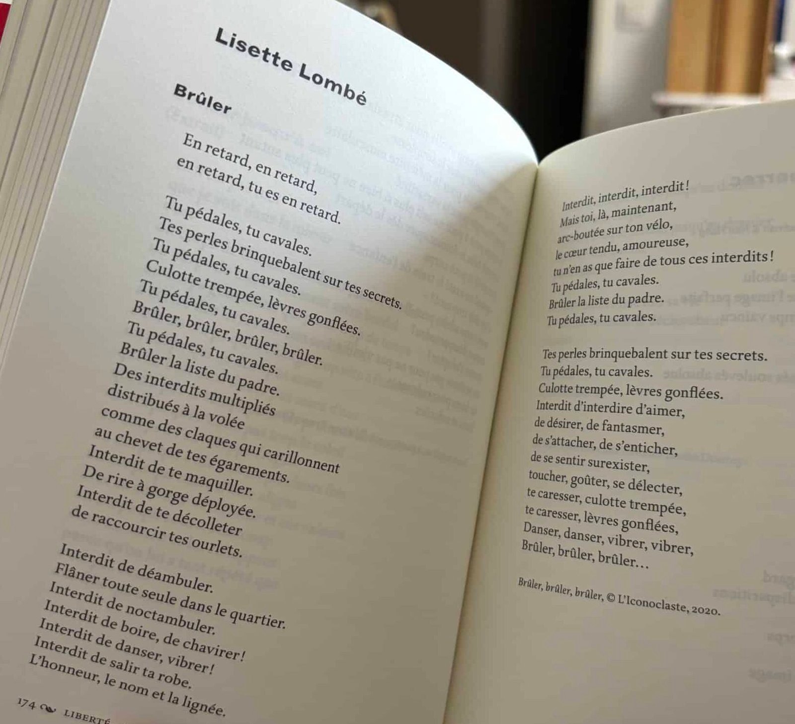 Poème Brûler de Lisette Lombé, anthologie Liberté visas pour un monde ouvert