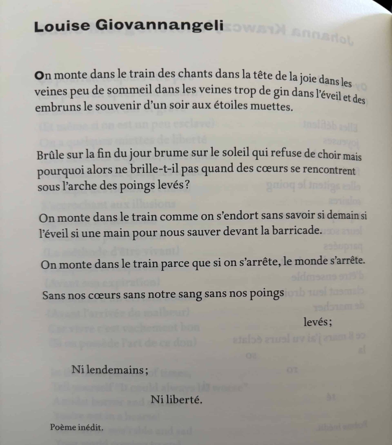 Poème On monte dans le train de Louise Giovannangeli, anthologie Liberté visas pour un monde ouvert