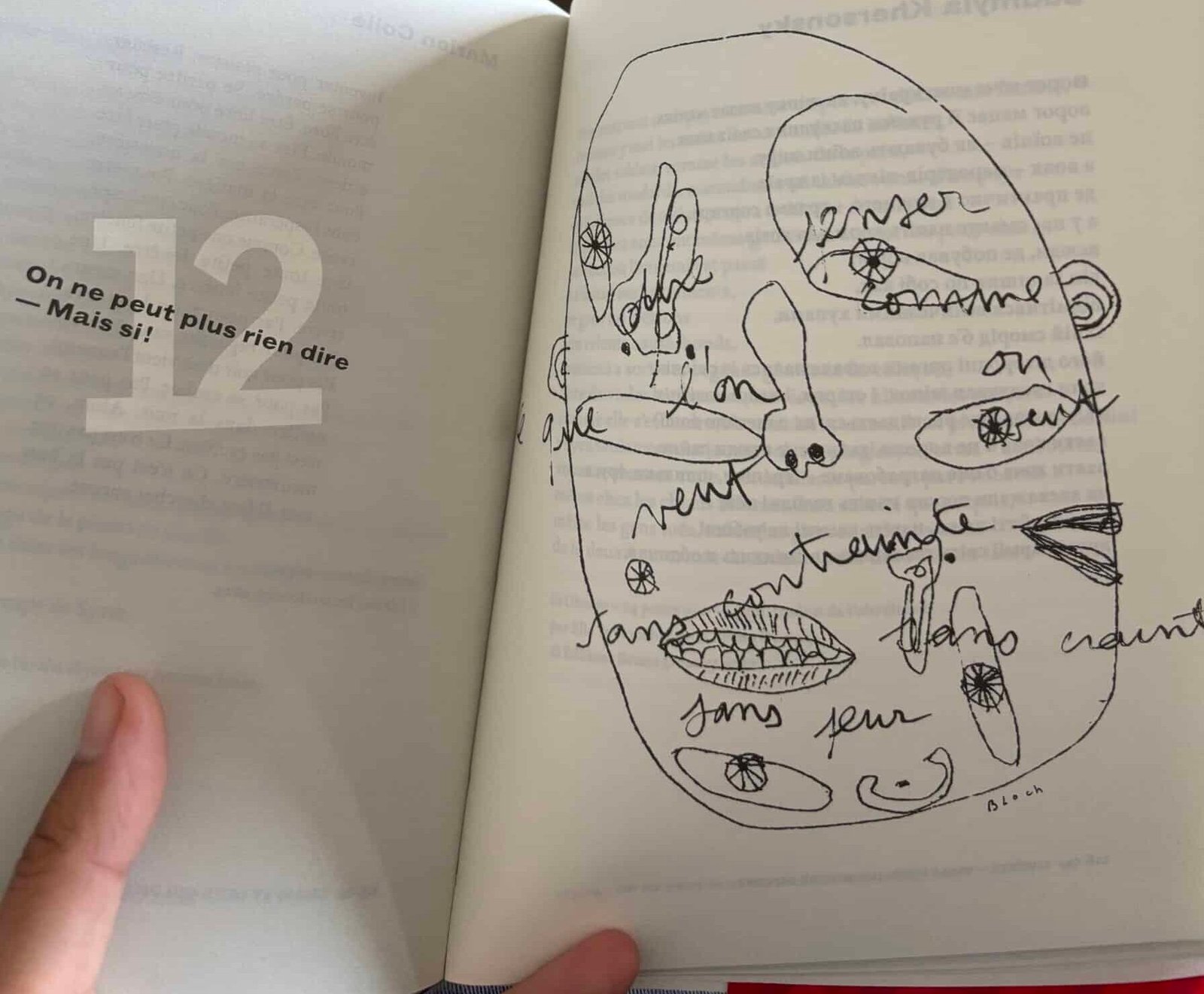 Dessin de Serge Bloch annoté, ouverture de la section On ne peut plus rien dire, anthologie Liberté visas pour un monde ouvert