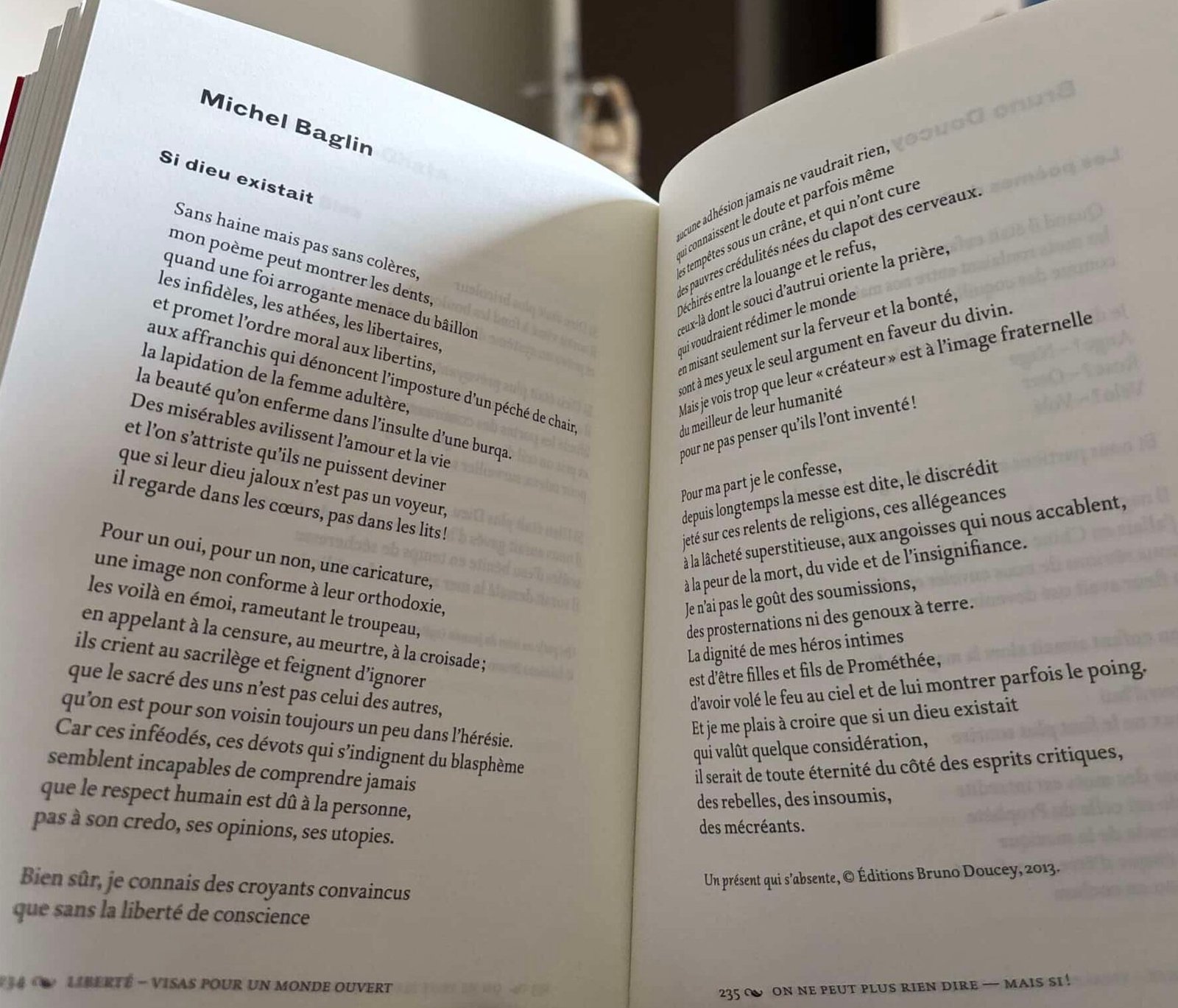Poème Si dieu existait de Michel Baglin, anthologie Liberté visas pour un monde ouvert